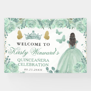 Banderoles Robe Verte Princesse Brune Florale Quinceanera