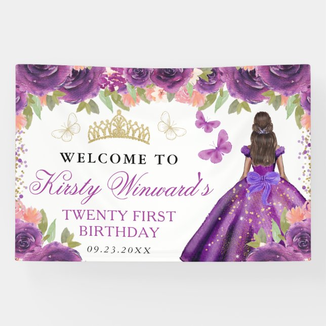Banderoles Robe violette Princesse à peau foncée Fleur d'anni (Horizontal)
