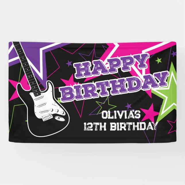Banderoles Rock Star Anniversaire Guitare Stars rose violet (Horizontal)