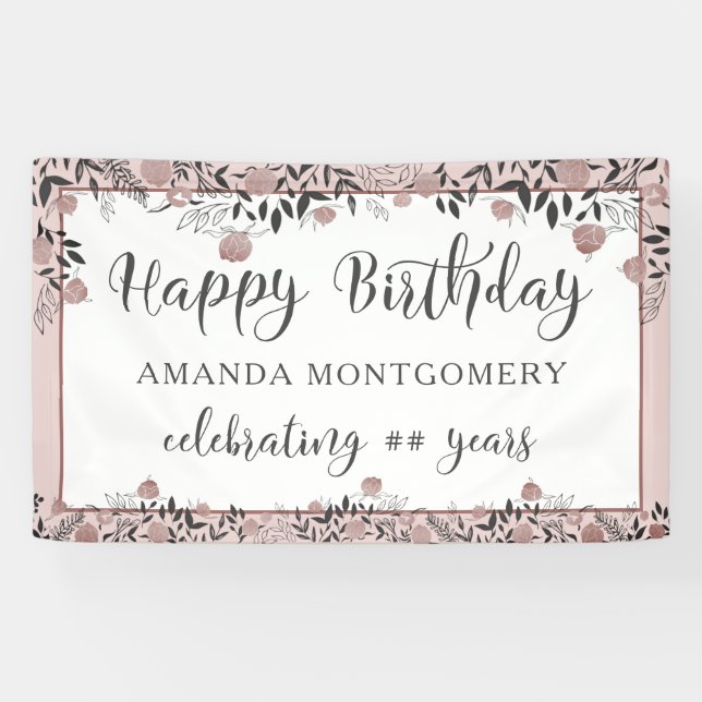 Banderoles Rose d'anniversaire Gold Floral Chic Script (Horizontal)