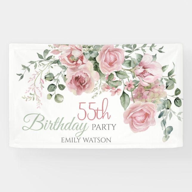 Banderoles Rose Églantine Verdure Eucalyptus 55e Anniversaire (Horizontal)