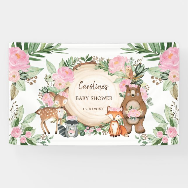 Banderoles Rose Floral Bois Animaux Fille Baby shower (Horizontal)