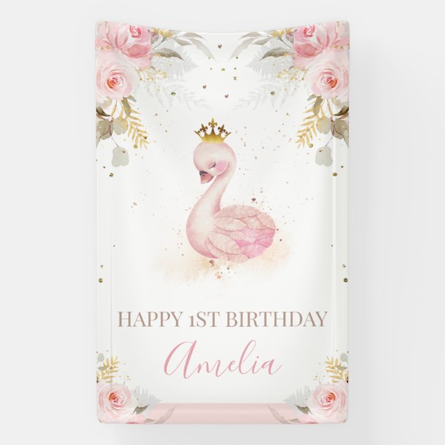 Banderoles Rose Floral Princess Swan 1er Anniversaire Bannièr (Verticale)