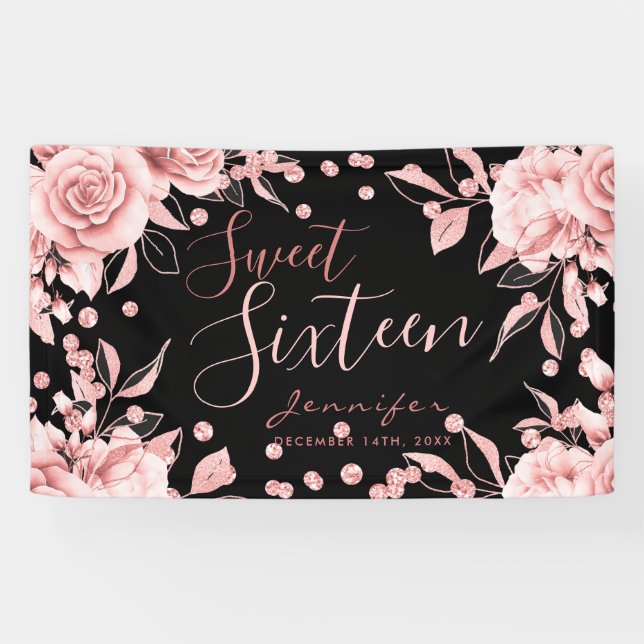 Banderoles Rose Gold Black Sweet 16 Parties scintillant Confe (Horizontal)