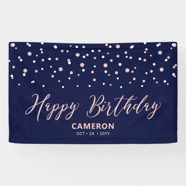 Banderoles Rose Gold & Blue Hexagon Confetti Joyeux anniversa (Horizontal)