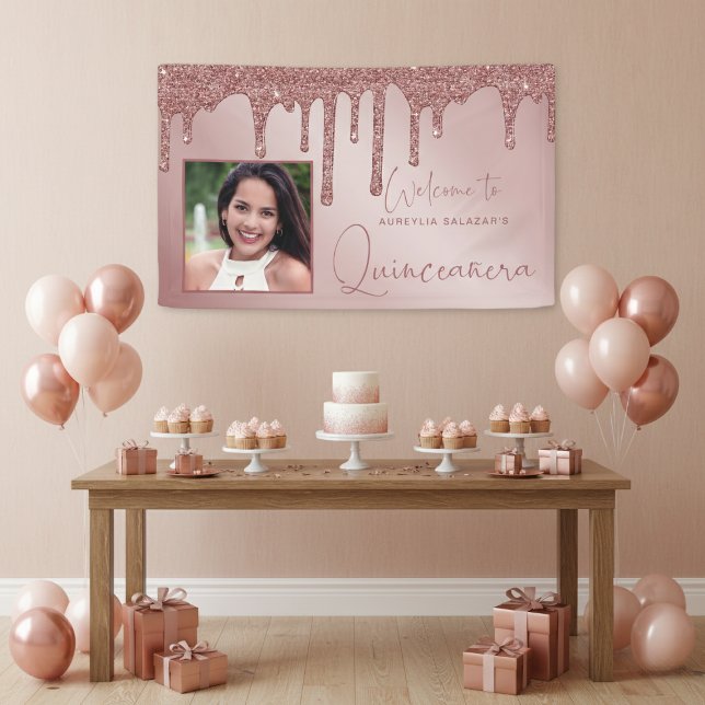 Banderoles Rose Gold Chic Drives Quinceanera (Rose Gold Sparkle Glitter Drips Quinceanera Banner)