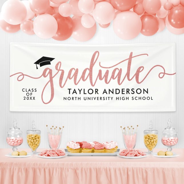 Banderoles Rose Gold Élégant Écriture Diplômé Blanc (Créateur téléchargé)
