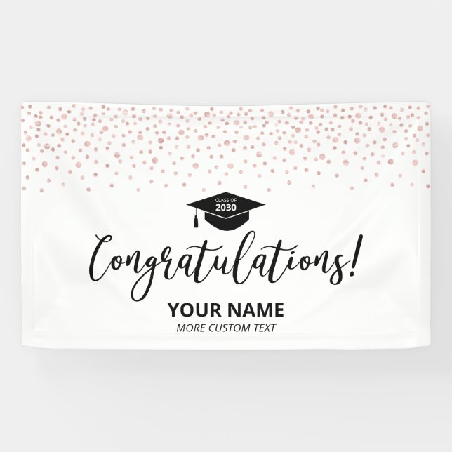 Banderoles Rose Gold Noir Confetti Félicitations Graduation (Horizontal)