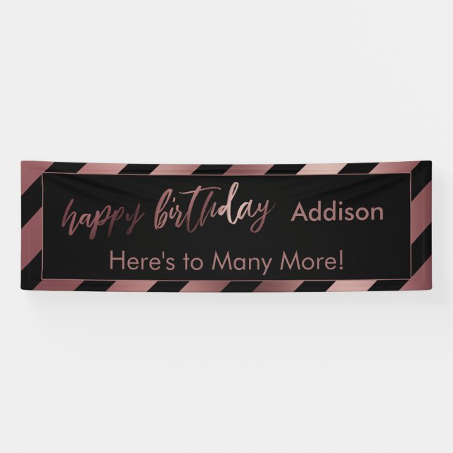 Banderoles Rose moderne Gold & Black Stripes Joyeux anniversa (Horizontal)