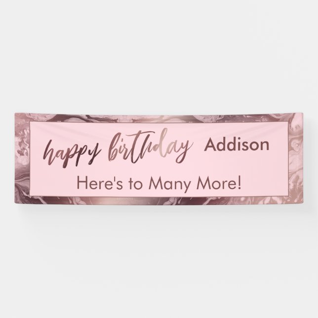 Banderoles Rose moderne Gold Pastel Marbre rose Joyeux Annive (Horizontal)