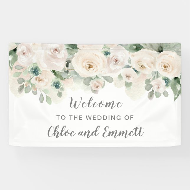 Banderoles Rose rose blanche Mariage Floral Bienvenue (Horizontal)