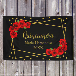 Banderoles Rose rouge Quinceañera noir et or
