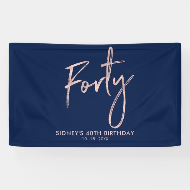 Banderoles RoseGold Blue 40th Birthday Party Welcome Banner (Horizontal)