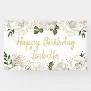 Banderoles Roses blanches Paillettes dorées Joyeux Anniversai