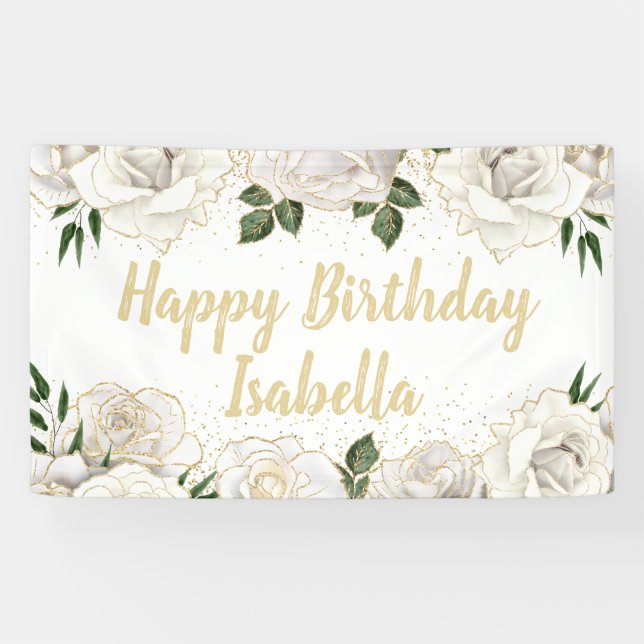 Banderoles Roses blanches Paillettes dorées Joyeux Anniversai (Horizontal)
