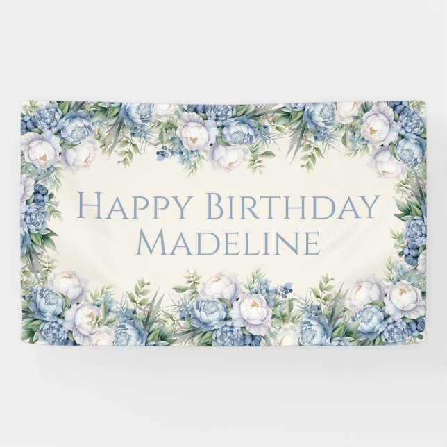 Banderoles Roses Bleues Dusty Blancs Joyeux Anniversaire (Horizontal)