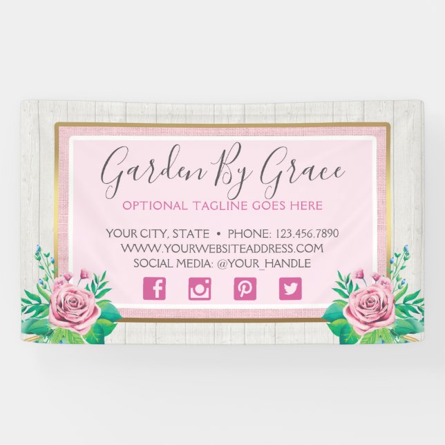 Banderoles Roses d'aquarelle et chalet rustique en bois Chic  (Horizontal)