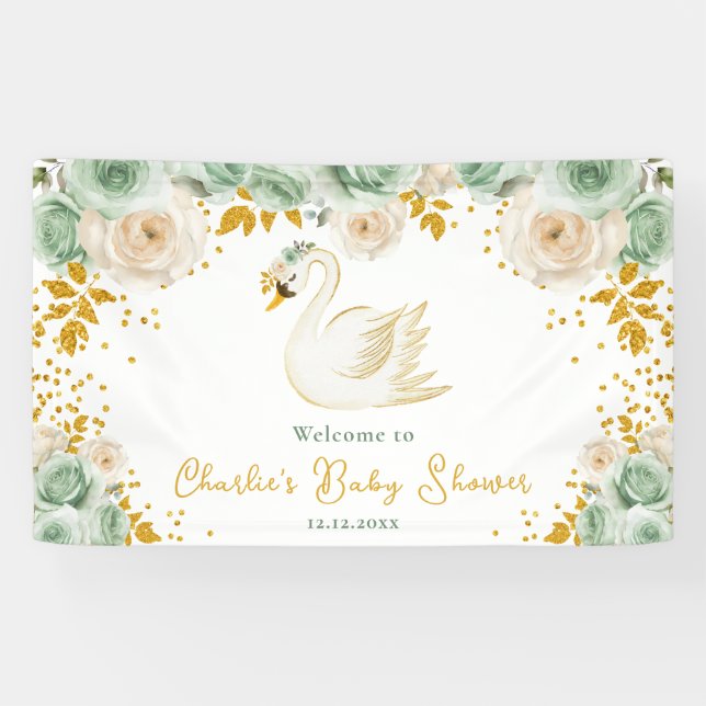 Banderoles Roses Swan Sage Green Gold Baby shower Bienvenue (Horizontal)