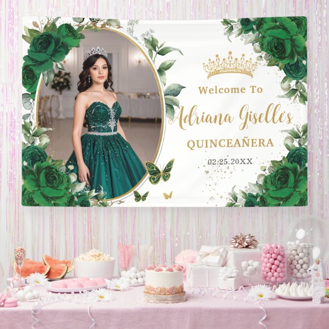 Banderoles Roses Vert Émeraude Floral Quinceañera Photo (Fête)