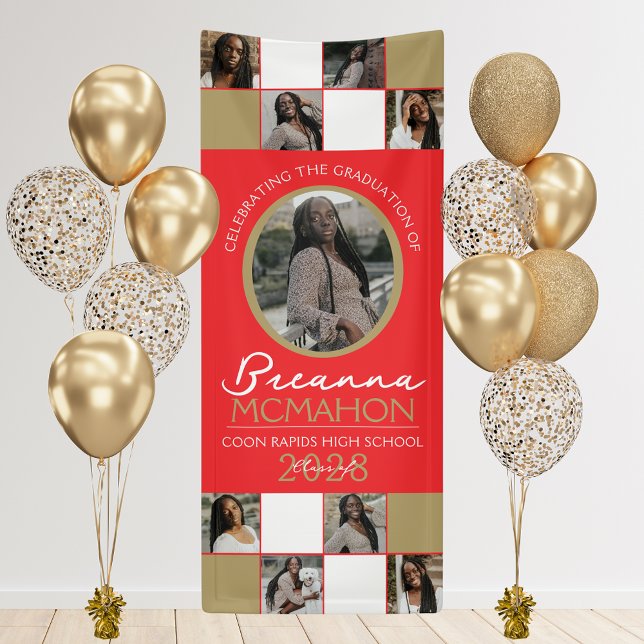 Banderoles Rouge & Bronze Gold Photo Collage Graduation Vinyl (9 Photo Graduation Hanging Vinyl Banner in Red and Bronze Gold)