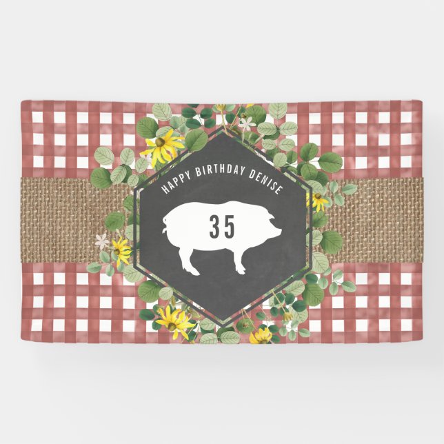 Banderoles Rouge En vichy Burlap Cochon Floral Anniversaire B (Horizontal)