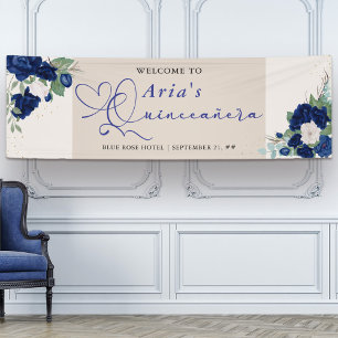 Banderoles Royal Blue Ivory Floral Roses Quinceanera Bienvenu