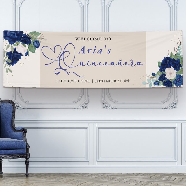 Banderoles Royal Blue Ivory Floral Roses Quinceanera Bienvenu (Quinceanera welcome banner with sweet calligraphy and royal navy blue rose blooms)