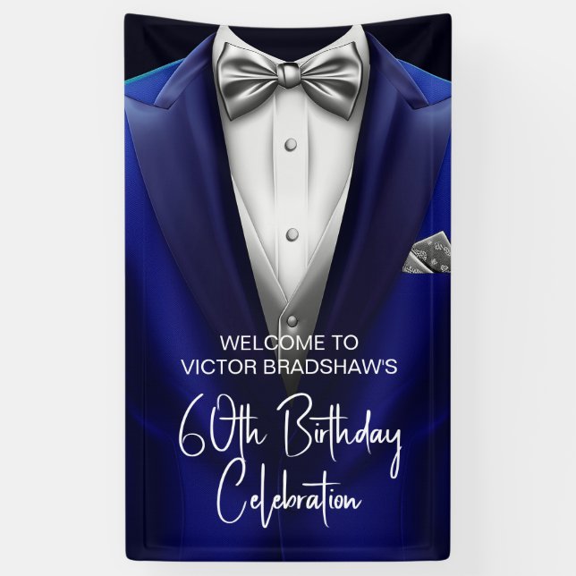 Banderoles Royal Blue Silver Tuxedo Birthday Party Welcome  (Vertical)