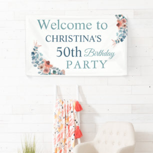 Banderoles Rustic Blue Floral 50e fête d'anniversaire Bienven