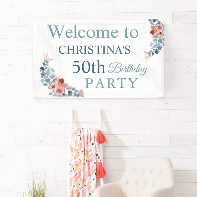 Banderoles Rustic Blue Floral 50e fête d'anniversaire Bienven (En situation)