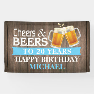 Banderoles Rustic Cheers and Beers Happy 20th Birthday Blue
