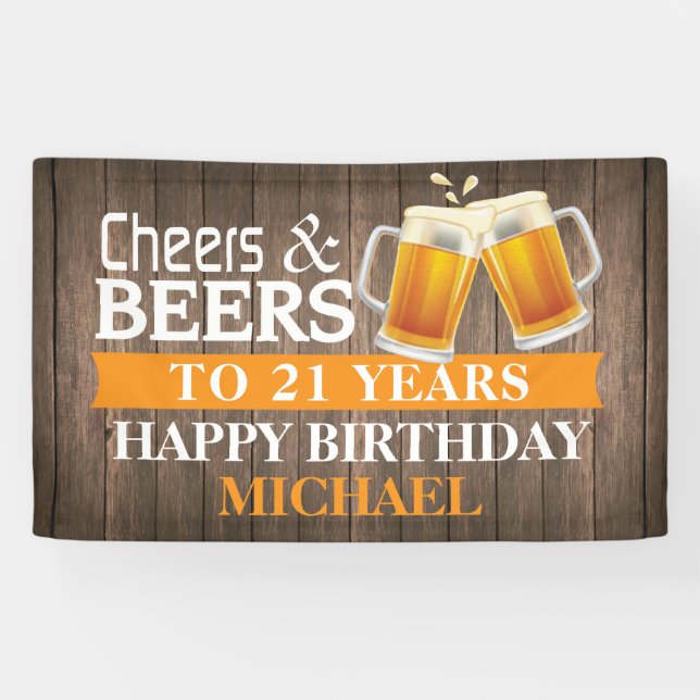 Banderoles Rustic Cheers and Beers Happy 21st Birthday Orange (Horizontal)