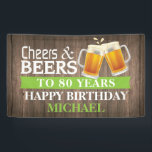 Banderoles Rustic Cheers and Beers Happy 80th Birthday Green<br><div class="desc">Rustic Cheers and Beers Happy 80th Birthday Banner Green. Pour plus de personnalisation,  cliquez sur le bouton "Customiser" et utilisez notre outil de conception pour modifier ce modèle.</div>
