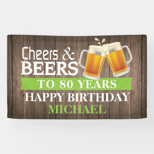Banderoles Rustic Cheers and Beers Happy 80th Birthday Green (Horizontal)