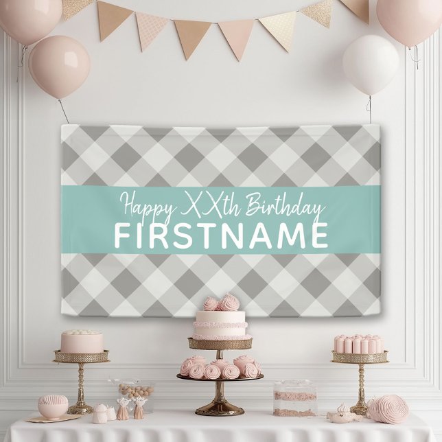 Banderoles Rustic Grey & Blue Buffalo Plaid Anniversaire (Custom Birthday Banner)