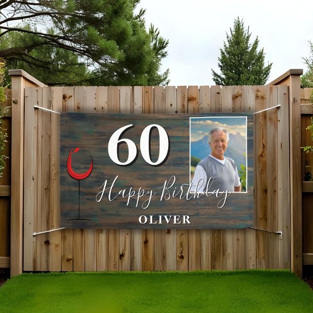 Banderoles Rustic Red Wine Photo 60th Birthday Party Banner (Créateur téléchargé)