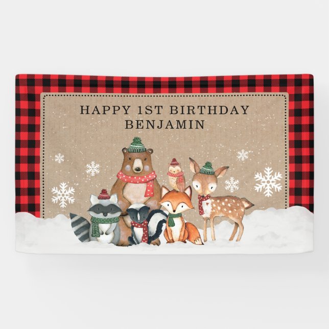 Banderoles Rustic Winter Woodland Animaux sauvages 1er annive (Horizontal)