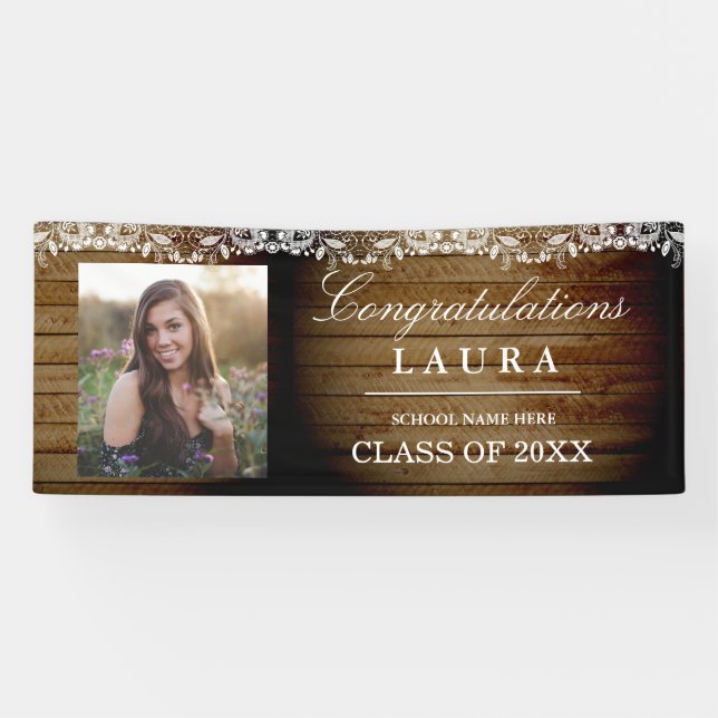 Banderoles Rustic Wood Lace Félicitations Graduation Photo Ba (Horizontal)