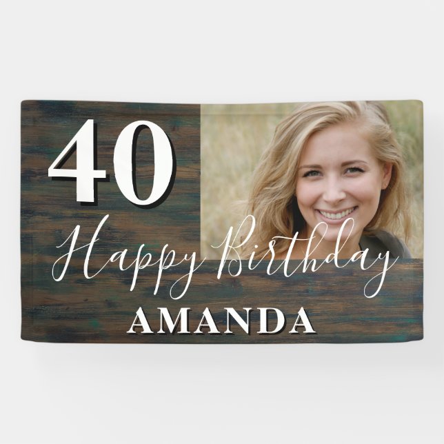 Banderoles Rustic Wood Photo 40th Birthday Party Banner (Horizontal)