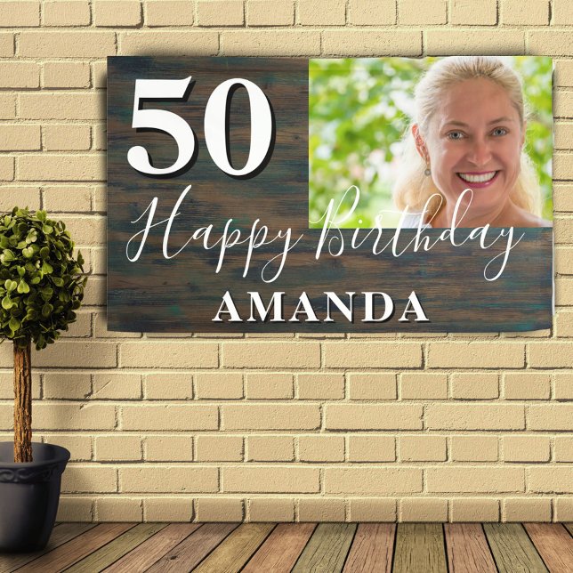 Banderoles Rustic Wood Photo 50th Birthday Party Banner (Créateur téléchargé)