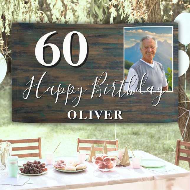 Banderoles Rustic Wood Photo 60th Birthday Party Banner (Créateur téléchargé)