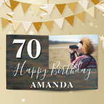 Banderoles Rustic Wood Photo 70th Birthday Party<br><div class="desc">Rustic Wood Photo Bannière de la fête du 70e anniversaire. Grand signe pour la fête du 70ème anniversaire avec une photo personnalisée, texte dans un script tendance avec un nom. L'arrière - plan est en bois foncé et le texte est en blanc. Personnalisez la bannière avec votre photo, votre nom...</div>