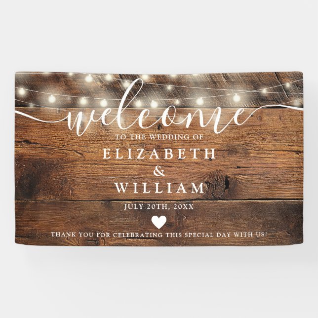 Banderoles Rustic Wood String Lights Wedding Welcome (Horizontal)