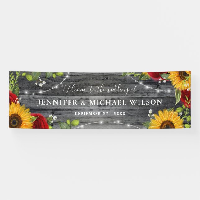 Banderoles Rustic Wood Sunflower Red Rose Welcome Wedding (Horizontal)