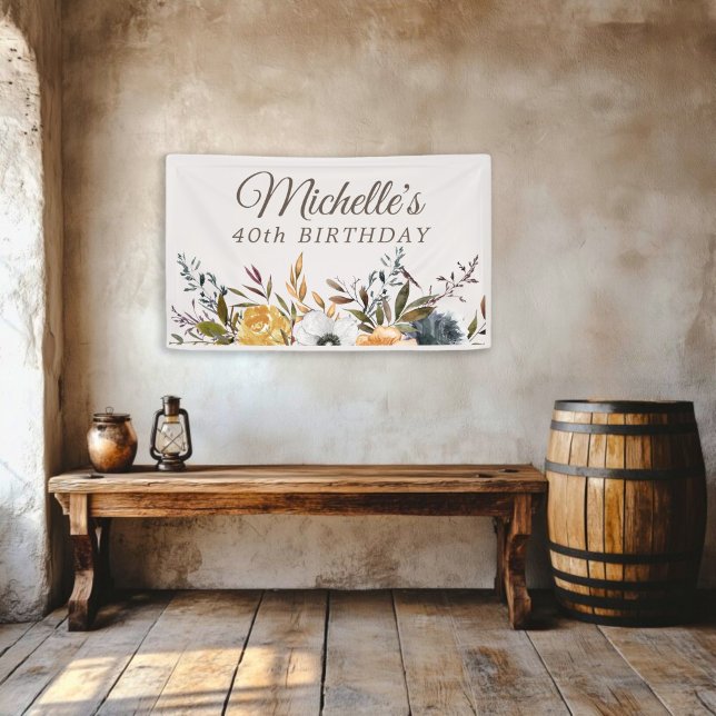 Banderoles Rustique bleu jaune Floral 40e anniversaire Bienve (Mustard yellow and navy blue women's 40th birthday party banner)