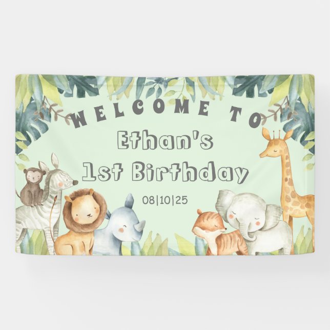 Banderoles Safari animaux menthe jungle 1er anniversaire  (Horizontal)