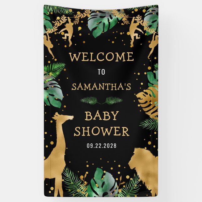 Banderoles Safari Baby shower Black Gold Green Welcome (Vertical)