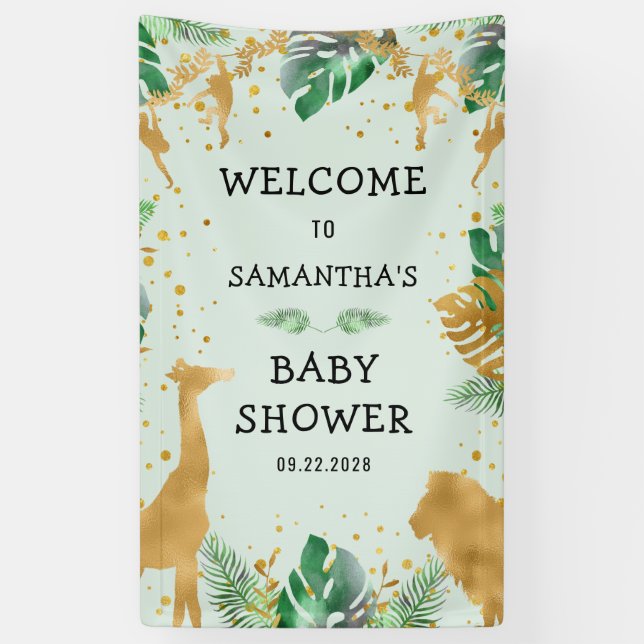 Banderoles Safari Green Gold Neutral Baby shower Bienvenue (Vertical)