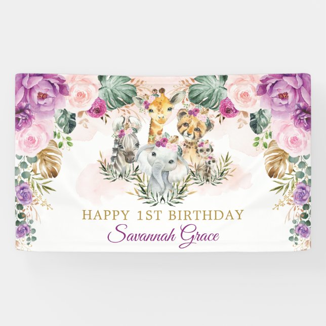 Banderoles Safari Jungle de Boho tropical Animaux Joyeux Anni (Horizontal)
