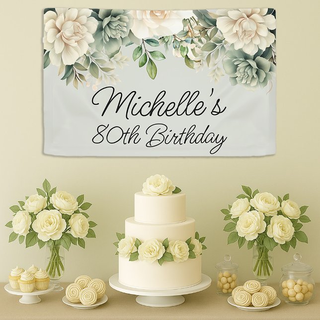 Banderoles Sage Blanc Floral 80e Anniversaire (Elegant sage green and cream watercolor floral birthday banner)